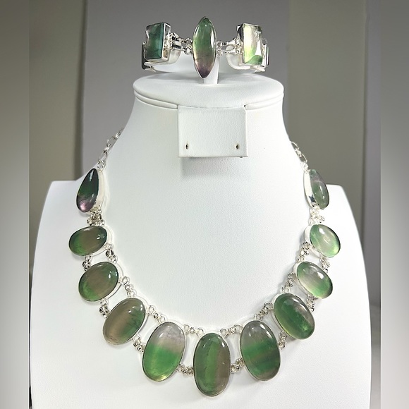 Fluorite Large 925 Gemstone Necklace & Bracelet Sst - Picture 1 of 10